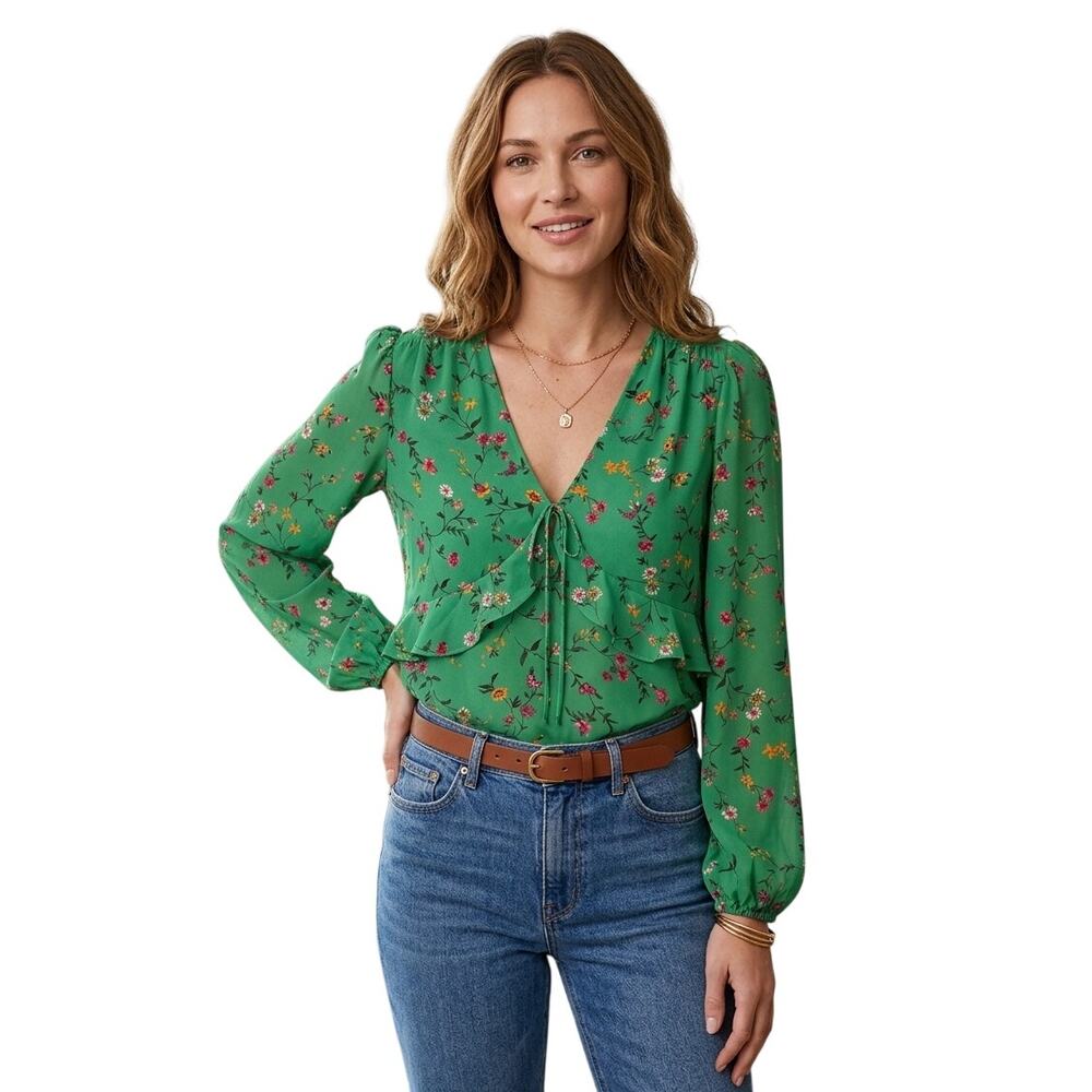 Highline Collective Blouse Top Large Green Floral Ruffle Boho Feminine Romantic